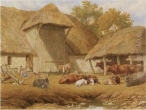 Cattle Resting Beside Farm Buildings
