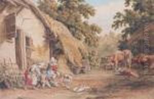 Figure On Horseback Before An 
Inn And Children, Cattle And Ducks Before A Cottage And Barn
