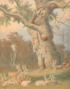 Roe Deer Stags Grazing Beneath A Gnarled Oak by Robert Hills