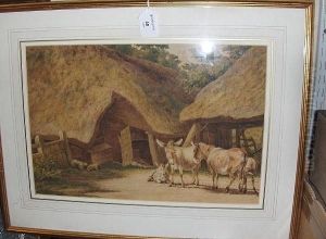 Donkeys By A Thatched Barn by Robert Hills