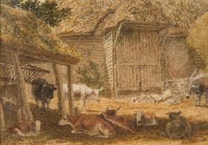 Cattle Resting In A Farmyard by Robert Hills