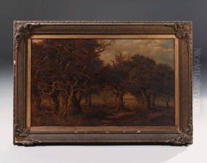 A Wooded Landscape With Deer, A Mother And Child On A Trackbeyond by Robert Hills