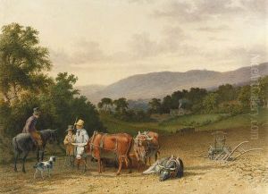 Figures, Horses And Oxen On A Road by Robert Hills