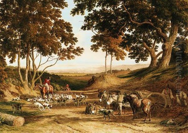 Huntsmen And Hounds On A Country Lane, With Donkeys And Labourerslooking On - view 1