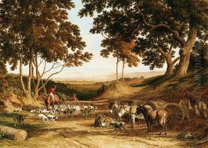 Huntsmen And Hounds On A Country Lane, With Donkeys And Labourerslooking On