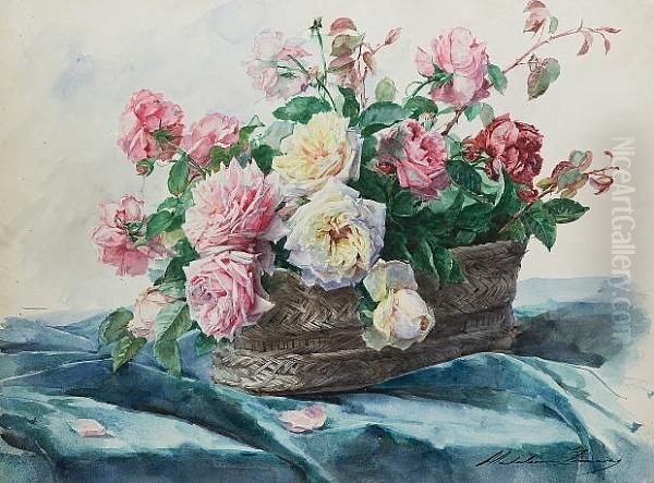 Still Life Of A Basket Of Roses - view 1