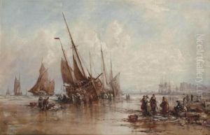 Fisherfolk Unloading The Catch At Low Tide On The Beach Before Peel Castle, Isle Of Man by William Edward Webb
