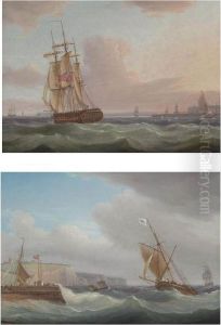 A Royal Navy Frigate Running Down The Channel With Ramsgate Off To Starboard by Thomas Whitcombe