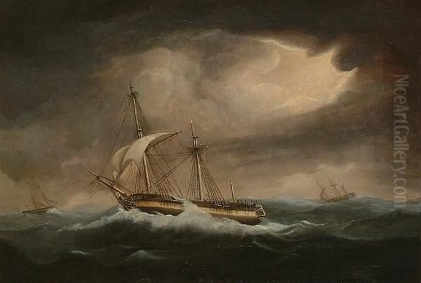 A Frigate, Believed To Be H.m.s. 'newcastle' In A Storm - view 1