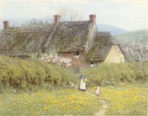A Cottage With A Mother And Child, Near Bridport, Dorset by Helen Mary Elizabeth Allingham