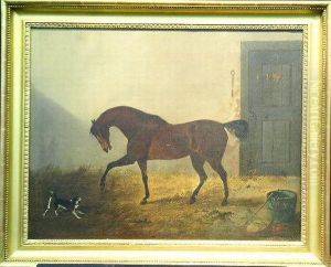 Bay Hunter And Spaniel In A Stable