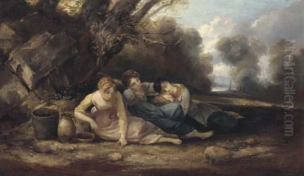 Three Girls Resting In A Landscape - view 1