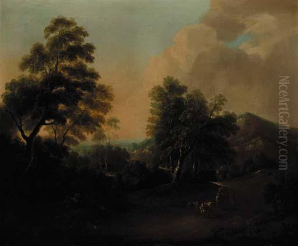 An Extensive Wooded Landscape With Drovers And Cattle In The Foreground - view 1