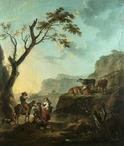 A Rocky Landscape With Travellers On A Path And Cattle Grazing Nearby by Thomas Barker of Bath
