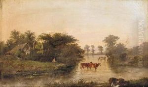 Figures At A Riverside Cottage With Cattle Watering Figures At A Riverside Cottage With Cattle Watering