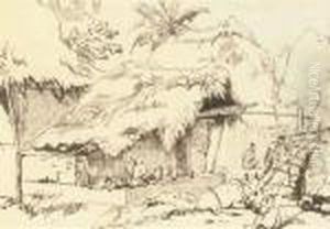 Indian Figures And Cattle Outside A Hut by George Chinnery