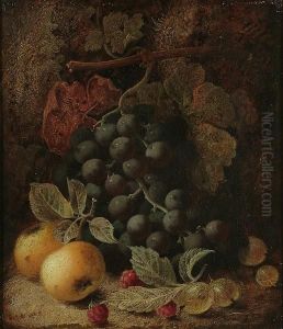 Still Life Of Grapes, Apples And Raspberries On A Mossy Bank by Oliver Clare