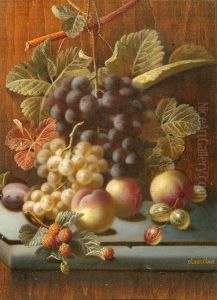 Still Life - Peaches, Bunches Of Grapes, Rasberries And Gooseberries On A Marble Ledge