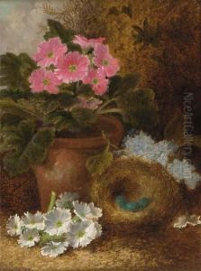 Primulas And A Bird's Nest With Eggs, On A Mossy Bank