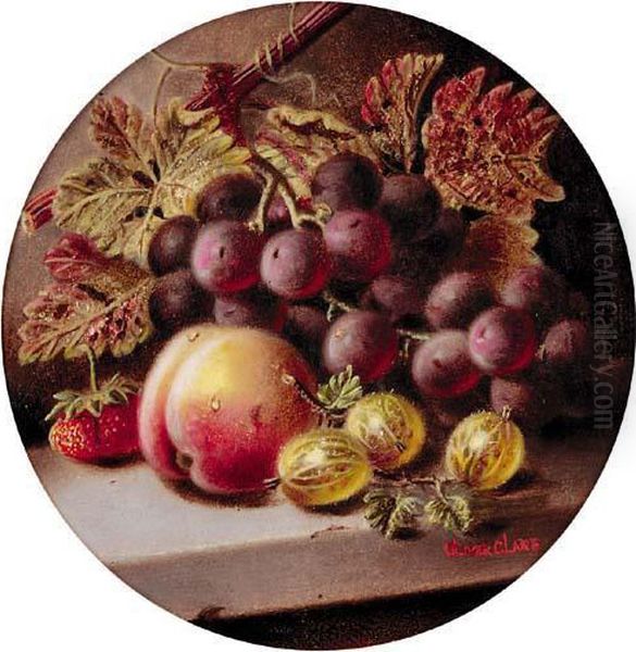 Grapes On The Vine, A Peach, A Strawberry And Gooseberries On A Ledge - view 1