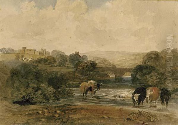 Cows Beside The River, A Castle On The Hill Beyond, In A Rural Landscape - view 1