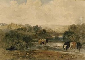 Cows Beside The River, A Castle On The Hill Beyond, In A Rural Landscape by Peter de Wint