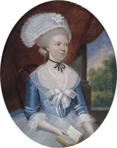 Portrait Of A Lady, Small 
Three-quarter-length, In A Blue Dress,holding A Book, A Landscape Beyond