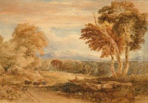 Cattle And Figure On A Path With Mountains In The Distance Cattle And Figure On A Path With Mountains In The Distance