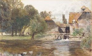 Study Of A Figure Beside A Watermill, With Ducks In The Foreground