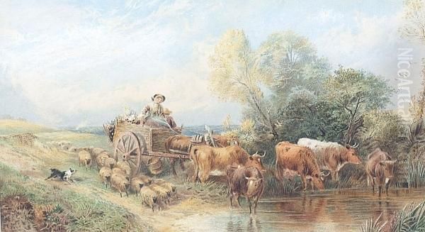 Figures In A Cart With Cattle And Sheep Fording A River - view 1