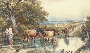 Cattle Fording A Stream by Myles Birket Foster