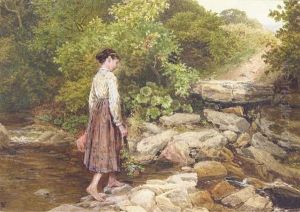 A Girl Crossing A Stream by Myles Birket Foster