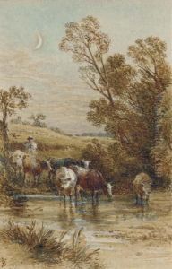 A Drover And Cattle Crossing A Ford Under A Crescent Moon