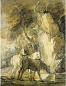 Wooded Landscape With Horseman And Horse Drinking At A Trough by Thomas Gainsborough