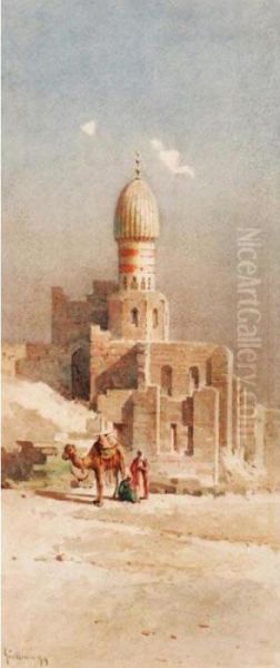 Camel And Arabs Before A Mosque; Distant View Of The Mosque - view 1