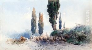A Shepherd With His Herd, Corfu by Angelos Giallina