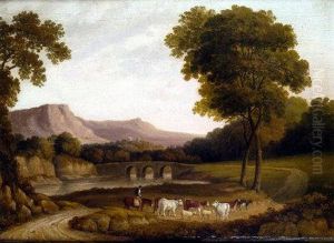 View Of Derbyshire, With Figure On Horseback, Cattle And Sheep In A Lane
