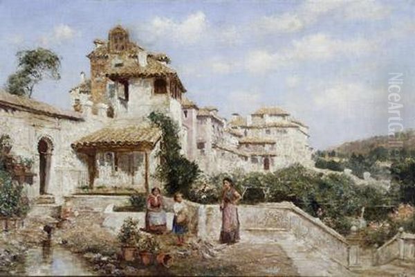 Figures Feeding Birds In A Spanish Courtyard - view 1