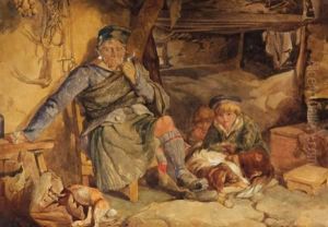 Attributed To. Scottish Highlander And His Boys Return To Their Cabin With The Day's Bag by James Jnr Hardy