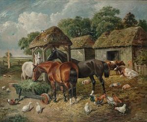 Horses In A Farmyard With Cattle And Other Animals by John Frederick Herring Snr