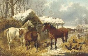 A Winter Landscape With Horses In A Barnyard