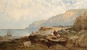 An Extensive Coastal Landscape With Figures Repairing A Boat In The Foreground