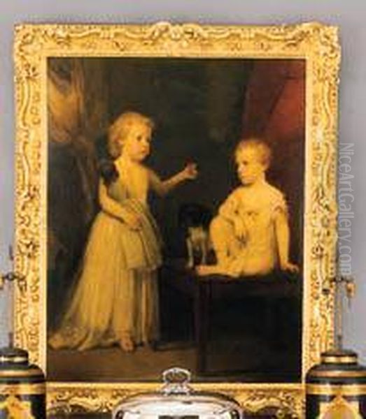 Portrait Of Two Children, One
Seated On A Table With His Dog, Theother Standing Small Full Length
Holding A Doll And A Ball - view 1