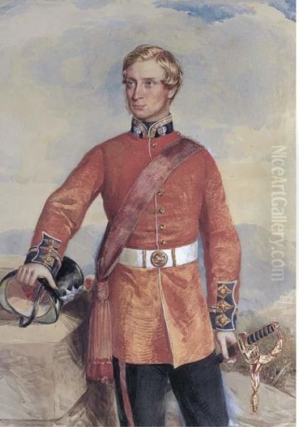 Portrait Of A Colonel In The
Coldstream Guards, Three-quarter-length, Standing In A Mountainous
Landscape - view 1