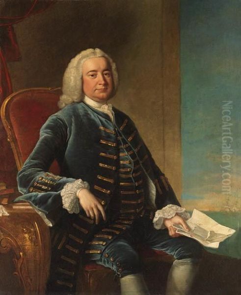 Portrait Of A Naval Officer,
Once Identified As Captain Thomascoram, Three-quarter-length, Seated In A
Blue Coat And Waistcoat, Adocument In His Right Hand, The Sea Beyond - view 1