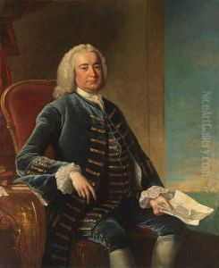 Portrait Of A Naval Officer,
Once Identified As Captain Thomascoram, Three-quarter-length, Seated In A
Blue Coat And Waistcoat, Adocument In His Right Hand, The Sea Beyond by Thomas Hudson