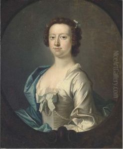 Portrait Of A Lady, Half-length, In A White Dress And Blue Wrap, Ina Sculpted Oval Portrait Of A Lady, Half-length, In A White Dress And Blue Wrap, Ina Sculpted Oval