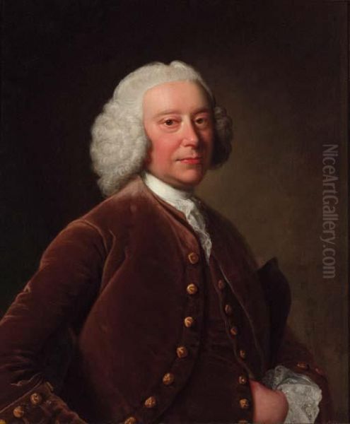 Portrait Of A Gentleman, 
Half-length, In A Brown Coat Andwaistcoat, A Tricorn Under His Arm - view 1