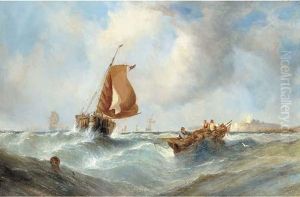 Fishing Boats In Close Quarters Off The Coast by William Calcott Knell