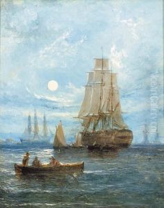 A Two-decker Departing By Moonlight; And A Fishing Vessel Running Into An Estuary by William Calcott Knell